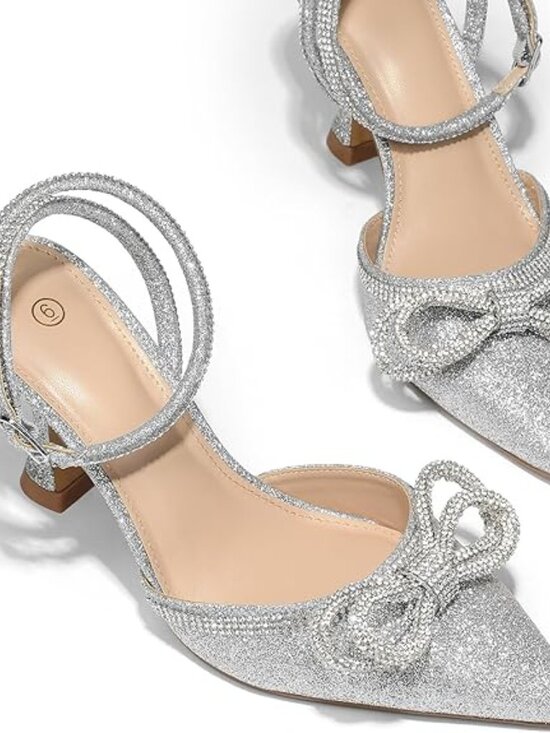 Women\'s Rhinestone Bow Pumps Wedding Dress Shoes Pointed Toe Ankle Strap Kitten